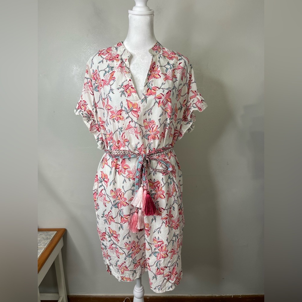 Erica Wilson Pink Floral Blouson Mini Cotton Dress Waist Tie Sz M Flutter Sleeve